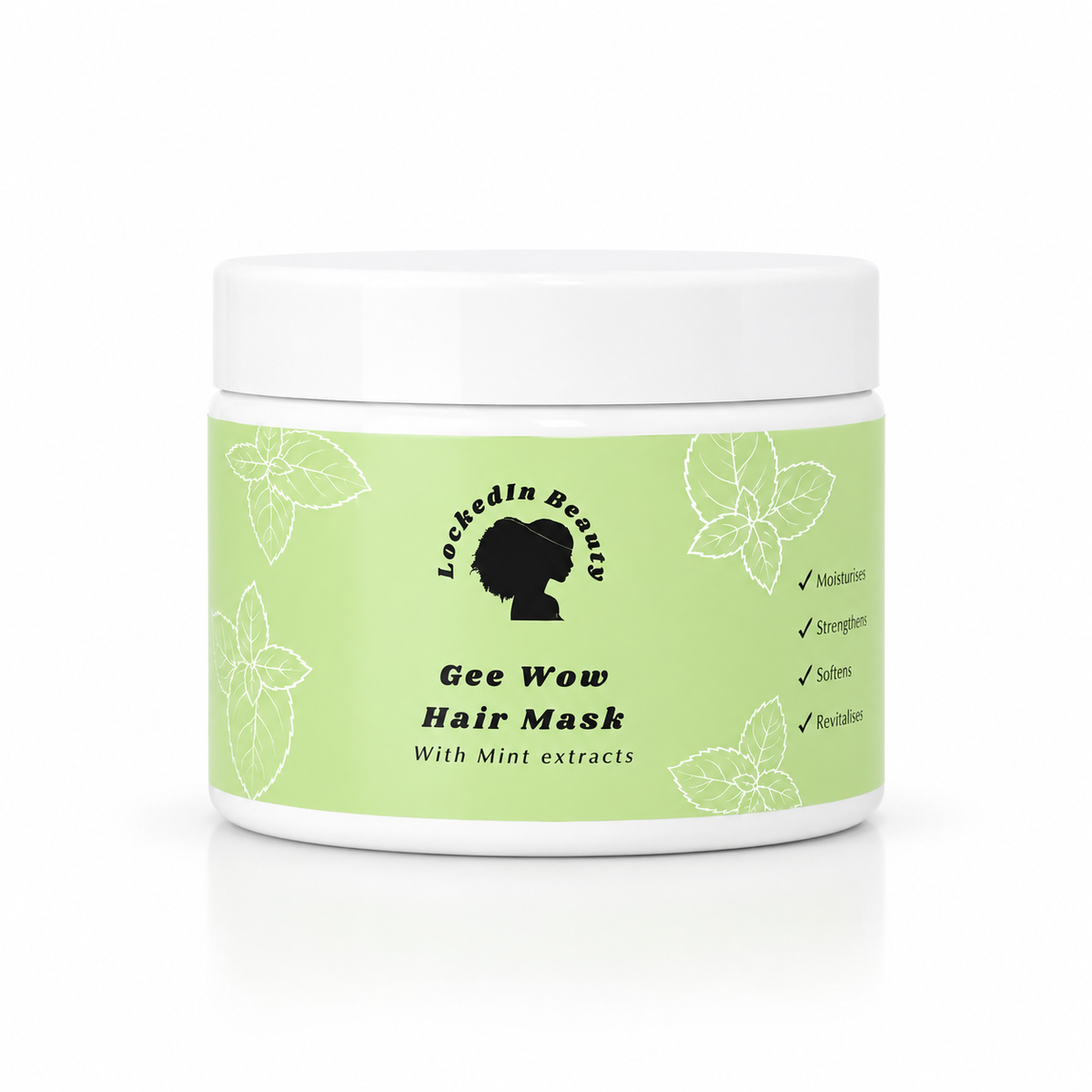 Gee Wow hair mask in a white jar with a white lid, green lable and black writing on the lable.