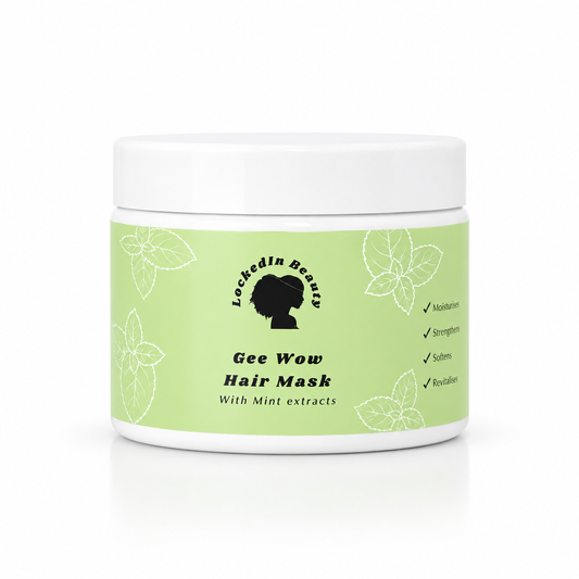 Gee Wow hair mask in a white jar with a white lid, green lable and black writing on the lable.