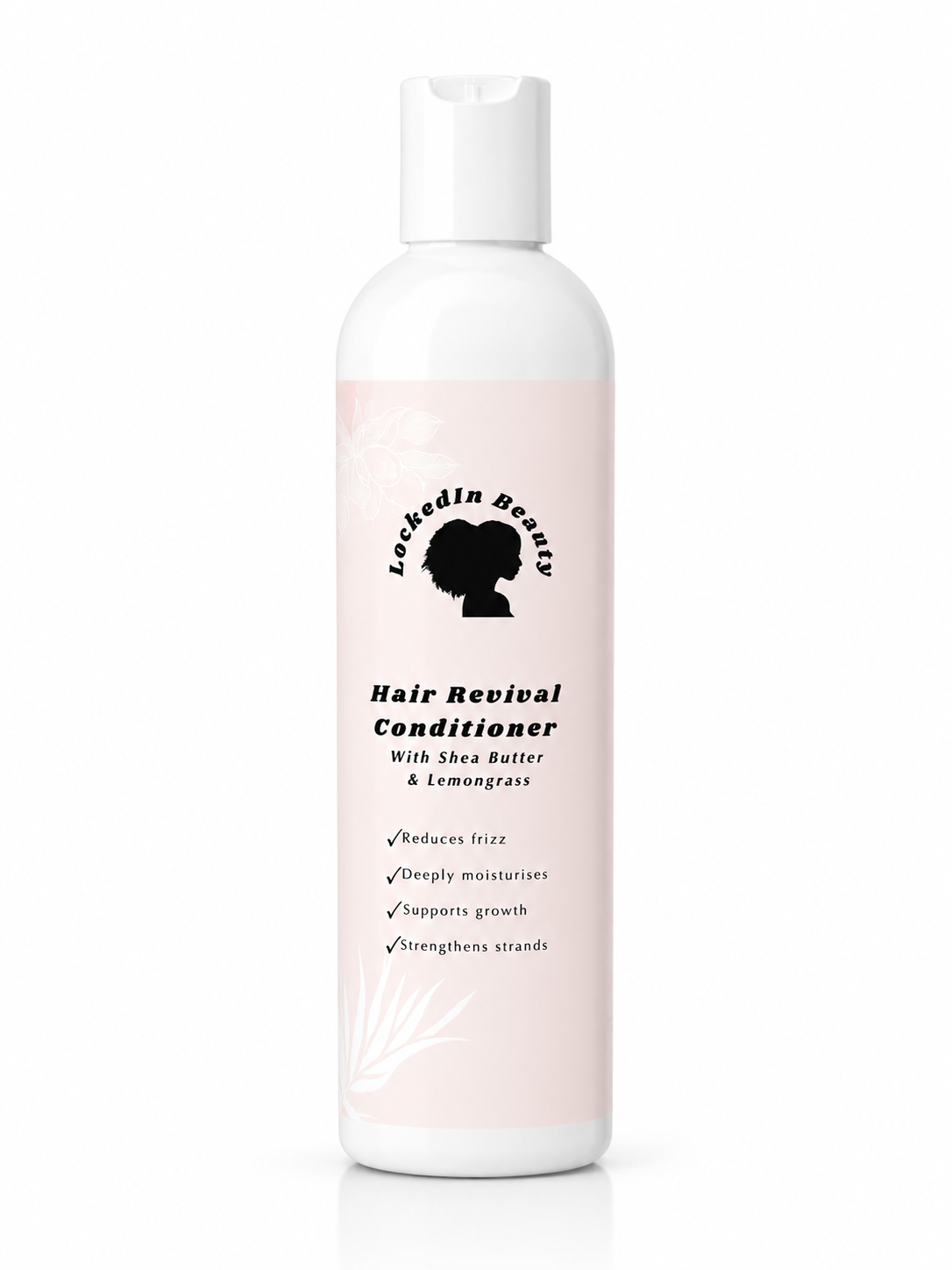white bottle of conditioner with a pink lable and black writing on it.