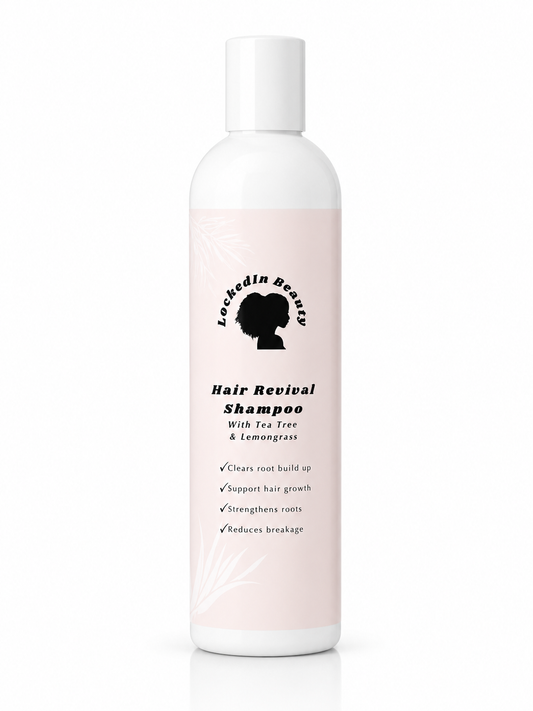 Hair shampoo in a white bottle with a white lid and pink lable with black wiritng on the lable.