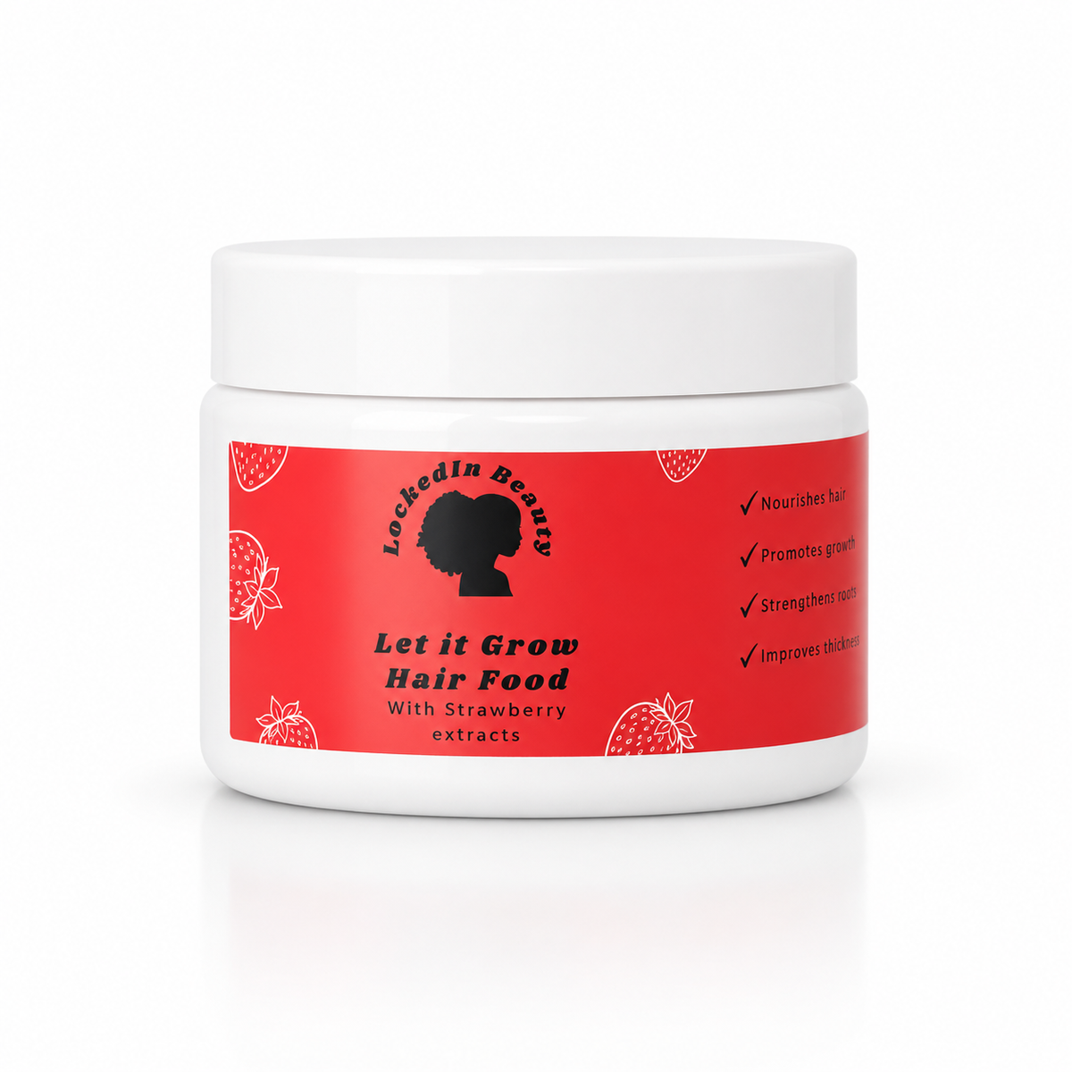 hair food in a white jar with a white lid and red lable 
